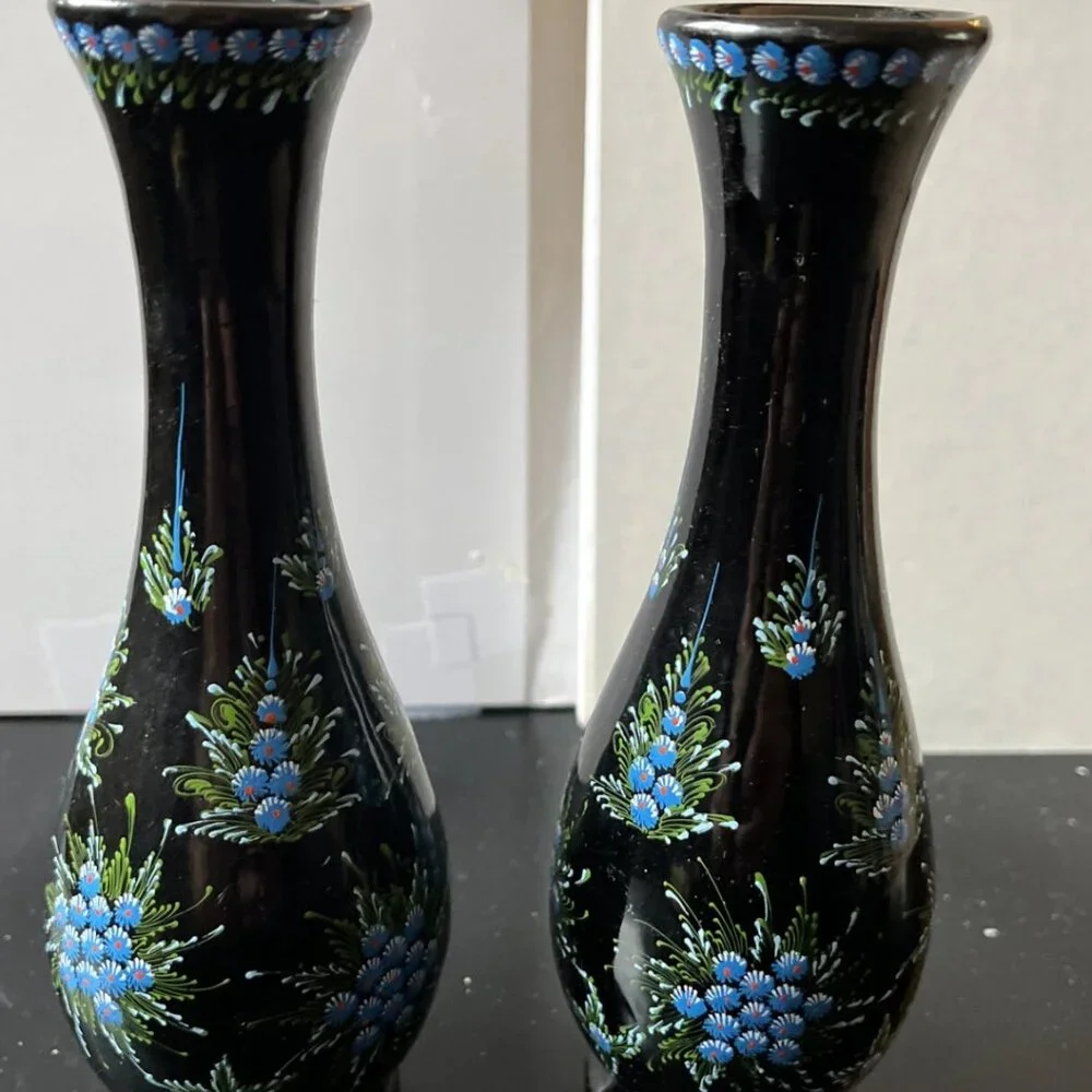 Vintage Japanese Black Lacquer Bud Vases Set of 2 Hand Painted Blue Floral